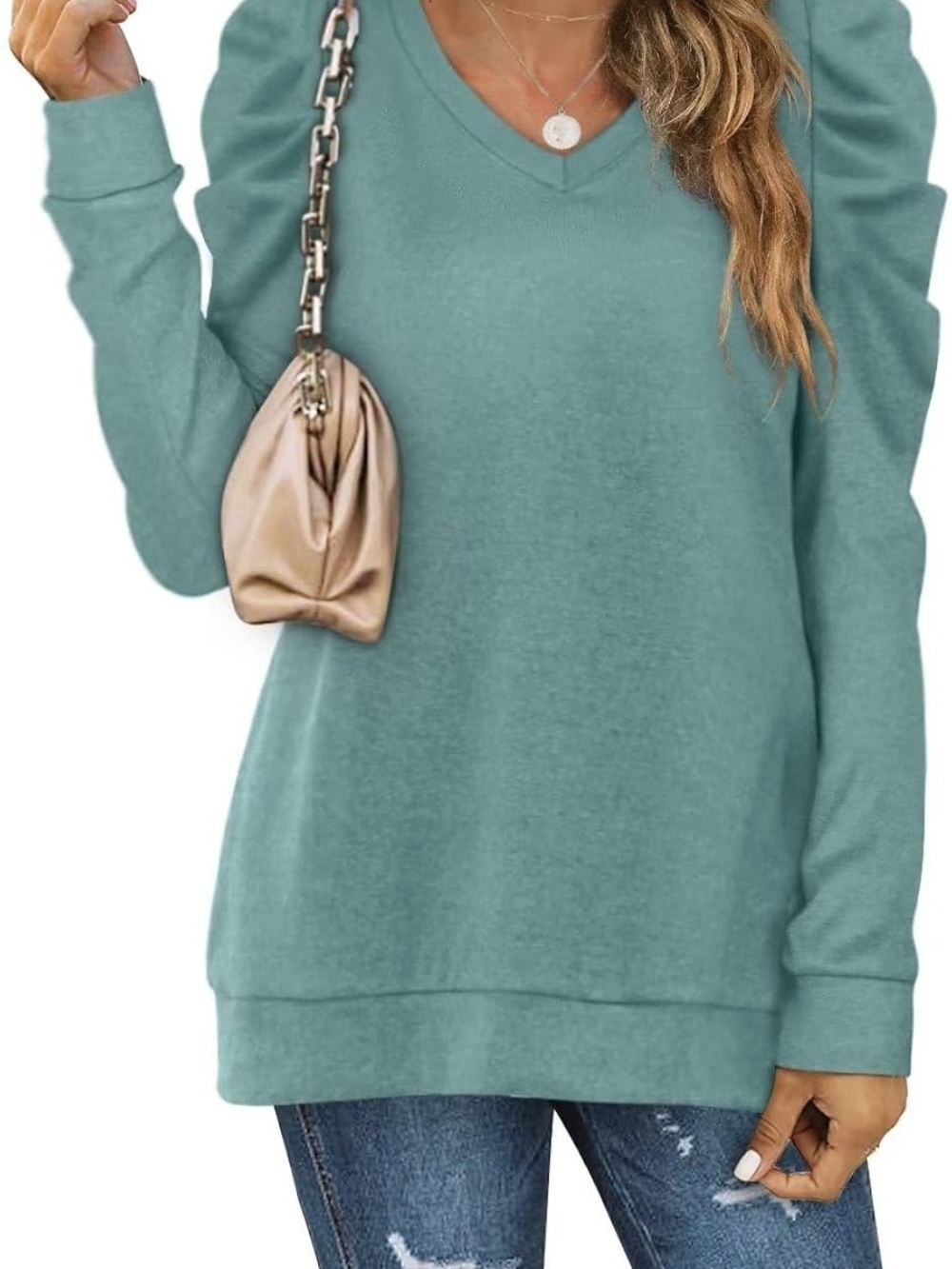V-Neck Long Sleeve Tunic Sweater in Teal